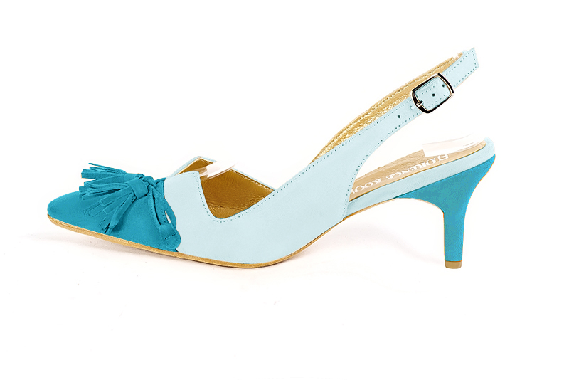 Turquoise blue women's open back shoes, with a knot. Tapered toe. Medium slim heel. Profile view - Florence KOOIJMAN
